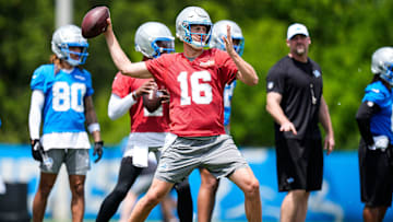 Detroit Lions quarterback Jared Goff (16) practices during OTA at Meijer Performance Center in Allen Park on Friday, May 30, 2025.