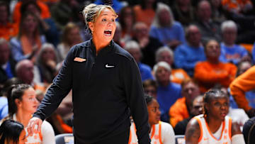 Tennessee head coach Kim Caldwell calls out to her players during a women's college basketball game between the Lady Vols and LSU at Thompson-Boling Arena at Food City Center on Thursday, Jan. 9, 2025.
