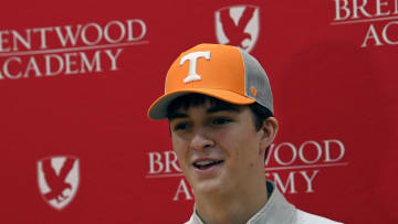 Brentwood Academy quarterback George MacIntyre answers questions during new conference after committing to the University of Tennessee at Brentwood Academy on Monday, Jan. 22, 2024 in Brentwood, Tenn. MacIntyre is the number 3-ranked quarterback for the class 2025.