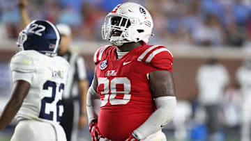 Sep 21, 2024; Oxford, Mississippi, USA; Mississippi Rebels defensive linemen JJ Pegues (38) reacts during the second half against the Georgia Southern Eagles at Vaught-Hemingway Stadium. Mandatory Credit: Petre Thomas-Imagn Images