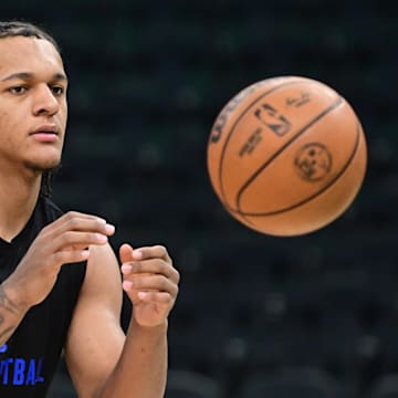 Orlando Magic forward Paolo Banchero (5) warms up before game against the Milwaukee Bucks at Fiserv Forum. 