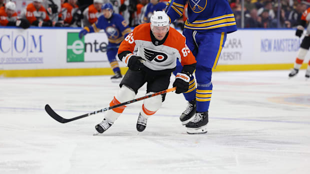Philadelphia Flyers right wing Cam Atkinson (89) goes after a loose puck during the third period against the Buffalo Sabres.