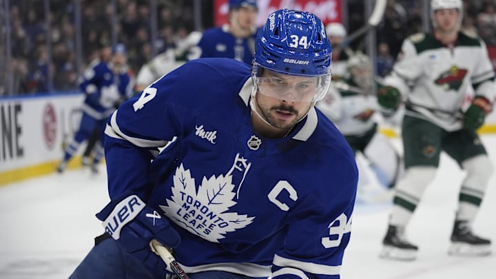 Jan 19, 2026; Toronto, Ontario, CAN; Toronto Maple Leafs forward Auston Matthews (34) skates against the Minnesota Wild during the first period at Scotiabank Arena. Mandatory Credit: John E. Sokolowski-Imagn Images