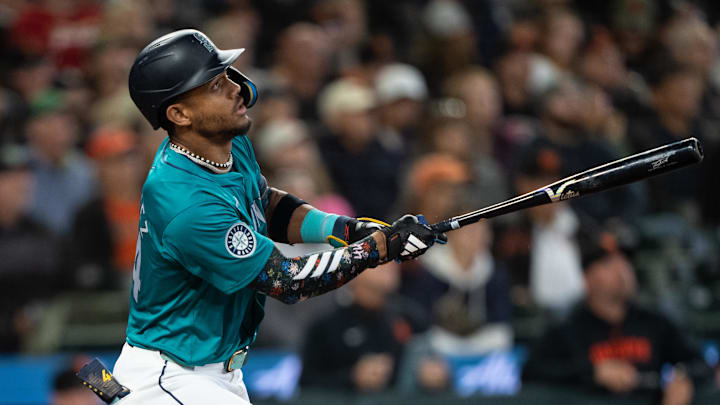 Seattle Mariners centerfielder Julio Rodriguez (44) hits a double during the seventh inning against the San Francisco Giants at T-Mobile Park on Aug 23.