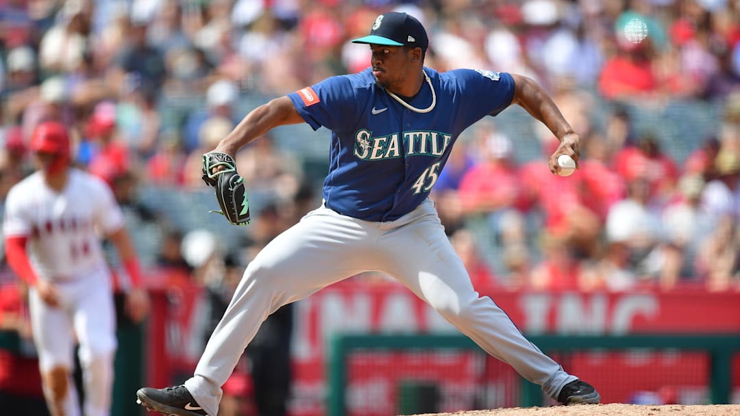 Jose A. Ferrer (45) throws against the Los Angeles Angels during the fourth inning at Angel Stadium.