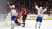 Jan 10, 2025; Washington, District of Columbia, USA; Montreal Canadiens center Nick Suzuki (14) celebrates after scoring the game-winning goal in overtime on Washington Capitals goaltender Logan Thompson (48) at Capital One Arena. Mandatory Credit: Geoff Burke-Imagn Images