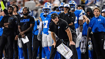 Detroit Lions head coach Dan Campbell reacts to a play against LA Chargers during the second half of the Hall of Fame Game.