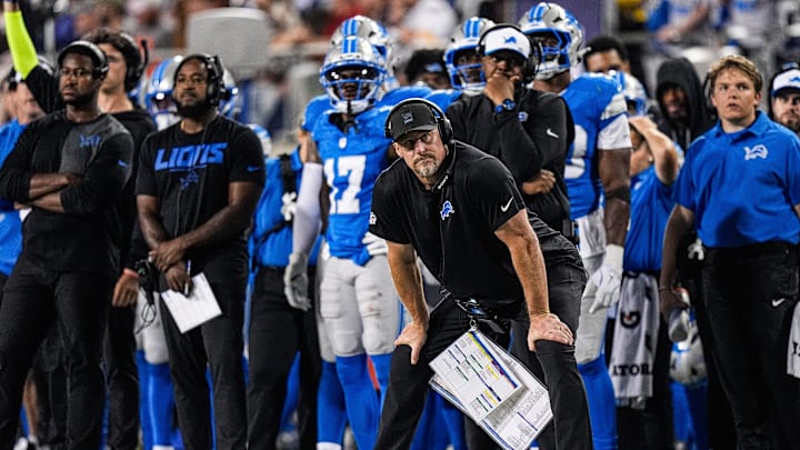 Detroit Lions head coach Dan Campbell reacts to a play against LA Chargers during the second half of the Hall of Fame Game.