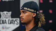 Jul 9, 2025; Frisco, TX, USA; Colorado quarterback Julian Lewis speaks with the media during 2025 Big 12 Football Media Days at The Star. Mandatory Credit: Raymond Carlin III-Imagn Images