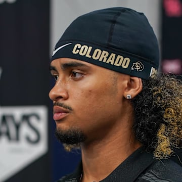 Jul 9, 2025; Frisco, TX, USA; Colorado quarterback Julian Lewis speaks with the media during 2025 Big 12 Football Media Days at The Star. Mandatory Credit: Raymond Carlin III-Imagn Images