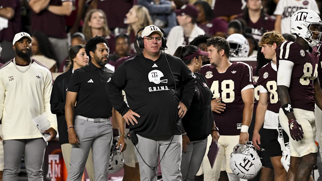 Oct 11, 2025; College Station, Texas, USA; Texas A&M Aggies head coach Mike Elko looks on during the third quarter against the Florida Gators at Kyle Field. Mandatory Credit: Maria Lysaker-Imagn Images Oct 11, 2025; College Station, Texas, USA; Texas A&M Aggies head coach Mike Elko looks on during the third quarter against the Florida Gators at Kyle Field. Mandatory Credit: Maria Lysaker-Imagn Images