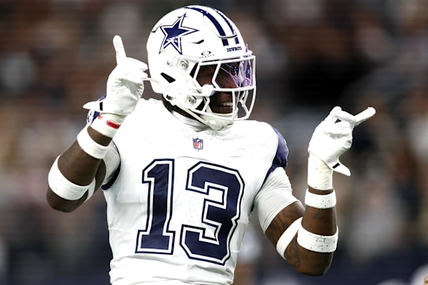 Dallas Cowboys linebacker DeMarvion Overshown reacts after making a tackle against the Cincinnati Bengals.