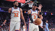 Nov 11, 2025; New York, New York, USA;  New York Knicks center Karl-Anthony Towns (32) and guard Josh Hart (3) react following a call on the floor in the third quarter against the Memphis Grizzlies at Madison Square Garden. Mandatory Credit: Wendell Cruz-Imagn Images