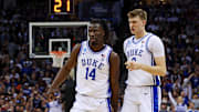 Mar 29, 2025; Newark, NJ, USA; Duke Blue Devils guard Sion James (14) and forward Cooper Flagg (2) celebrates during the first half against the Alabama Crimson Tide in the East Regional final of the 2025 NCAA tournament at Prudential Center. Mandatory Credit: Vincent Carchietta-Imagn Images