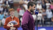 Carlos Alcaraz speaks after defeating Jannik Sinner in the final of mens singles at Billie Jean King National Tennis Center. Credit: Robert Deutsch-Imagn Images