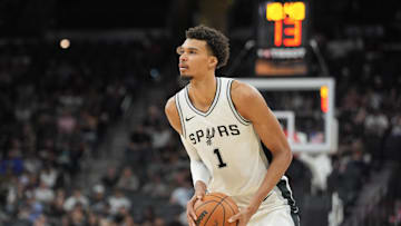 Oct 9, 2024; San Antonio, Texas, USA;  San Antonio Spurs center Victor Wembanyama (1) looks to shoot in the first half against the Orlando Magic at Frost Bank Center. Mandatory Credit: Daniel Dunn-Imagn Images