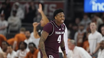 Jan 25, 2025; Austin, Texas, USA; Texas A&M Aggies guard Wade Taylor IV (4) reacts after scoring a three point basket during the first half against the Texas Longhorns at Moody Center. Mandatory Credit: Scott Wachter-Imagn Images