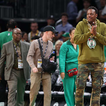 Jun 9, 2024; Boston, Massachusetts, USA; Boston Celtics former player Paul Pierce walks onto the court before game two of the 2024 NBA Finals between the Boston Celtics and the Dallas Mavericks at TD Garden. Mandatory Credit: Peter Casey-Imagn Images