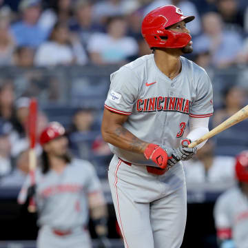 Jul 2, 2024; Bronx, New York, USA; Cincinnati Reds right fielder Will Benson (30) watches his two run home run against the New York Yankees during the fifth inning at Yankee Stadium. Mandatory Credit: Brad Penner-USA TODAY Sports