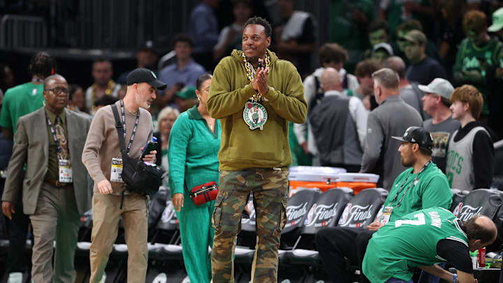 Jun 9, 2024; Boston, Massachusetts, USA; Boston Celtics former player Paul Pierce walks onto the court before game two of the 2024 NBA Finals between the Boston Celtics and the Dallas Mavericks at TD Garden. Mandatory Credit: Peter Casey-Imagn Images