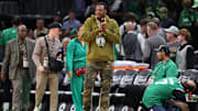 Boston Celtics former player Paul Pierce walks onto the court before game two of the 2024 NBA Finals between the Boston Celtics and the Dallas Mavericks at TD Garden. 
