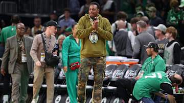 Boston Celtics former player Paul Pierce walks onto the court before game two of the 2024 NBA Finals between the Boston Celtics and the Dallas Mavericks at TD Garden. 