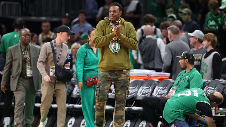 Boston Celtics former player Paul Pierce walks onto the court before game two of the 2024 NBA Finals between the Boston Celtics and the Dallas Mavericks at TD Garden. Boston Celtics former player Paul Pierce walks onto the court before game two of the 2024 NBA Finals between the Boston Celtics and the Dallas Mavericks at TD Garden.
