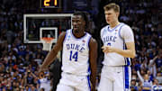 Duke basketball guard Sion James and forward Cooper Flagg