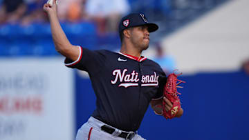 Mar 15, 2024; Port St. Lucie, Florida, USA; Washington Nationals pitcher Andry Lara (23) pitches in the sixth inning against the New York Mets in the Spring Breakout at Clover Park. Mandatory Credit: Jim Rassol-Imagn Images