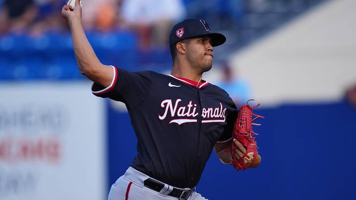Mar 15, 2024; Port St. Lucie, Florida, USA; Washington Nationals pitcher Andry Lara (23) pitches in the sixth inning against the New York Mets in the Spring Breakout at Clover Park. Mandatory Credit: Jim Rassol-Imagn Images