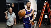 Sep 24, 2025; Phoenix, AZ, USA; Phoenix Suns guard Devin Booker (1) poses for portrait during Media Day at PHX Arena. Mandatory Credit: Mark J. Rebilas-Imagn Images