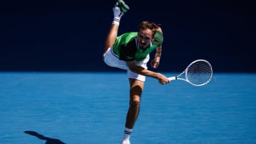 Jan 22, 2024; Melbourne, Victoria, Australia; Daniil Medvedev of Russia hits a shot against Nuno Borges of Portugal in the fourth round of the men's singles at the Australian Open in Melbourne. Mandatory Credit: Mike Frey-USA TODAY Sports