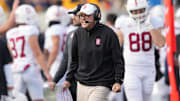 Nov 23, 2024; Berkeley, California, USA; Stanford Cardinal head coach Troy Taylor reacts after calling a time out during the fourth quarter against the California Golden Bears at California Memorial Stadium. Mandatory Credit: Darren Yamashita-Imagn Images