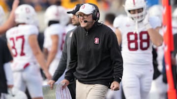 Nov 23, 2024; Berkeley, California, USA; Stanford Cardinal head coach Troy Taylor reacts after calling a time out during the fourth quarter against the California Golden Bears at California Memorial Stadium. Mandatory Credit: Darren Yamashita-Imagn Images