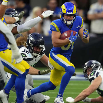 Nov 19, 2023; Inglewood, California, USA; Los Angeles Rams wide receiver Austin Trammell (81) runs against Seattle Seahawks tight end Brady Russell (38) in the second half at SoFi Stadium. Mandatory Credit: Kirby Lee-USA TODAY Sports