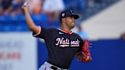 Mar 15, 2024; Port St. Lucie, Florida, USA; Washington Nationals pitcher Andry Lara (23) pitches in the sixth inning against the New York Mets in the Spring Breakout at Clover Park