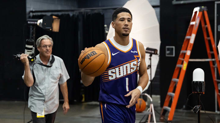 Sep 24, 2025; Phoenix, AZ, USA; Phoenix Suns guard Devin Booker (1) poses for portrait during Media Day at PHX Arena. Mandatory Credit: Mark J. Rebilas-Imagn Images