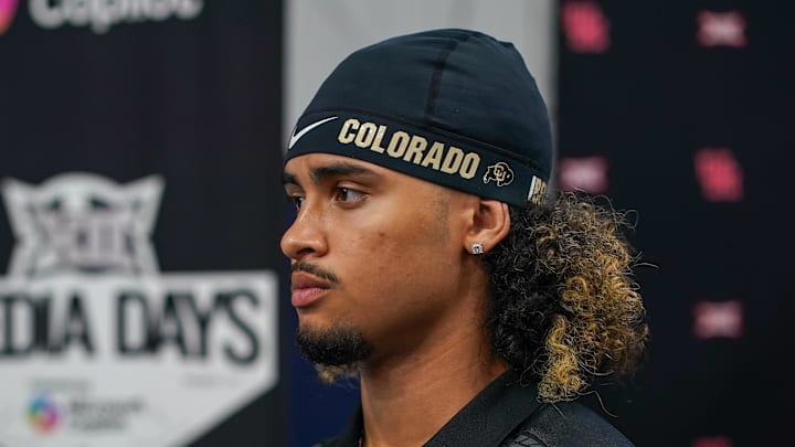 Jul 9, 2025; Frisco, TX, USA; Colorado quarterback Julian Lewis speaks with the media during 2025 Big 12 Football Media Days at The Star.