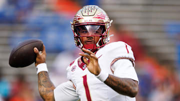 Nov 29, 2025; Gainesville, Florida, USA; Florida State Seminoles quarterback Tommy Castellanos (1) throws the ball before a game against the Florida Gators at Ben Hill Griffin Stadium. Mandatory Credit: Matt Pendleton-Imagn Images