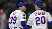 Apr 17, 2025; New York City, New York, USA; New York Mets first baseman Pete Alonso (20) celebrates with relief pitcher Edwin Diaz (39) after defeating the St. Louis Cardinals at Citi Field. Mandatory Credit: Vincent Carchietta-Imagn Images