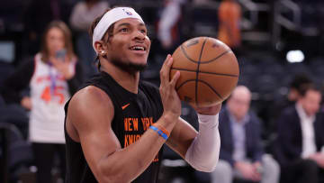 May 19, 2024; New York, New York, USA; New York Knicks guard Miles McBride (2) warms up before game seven of the second round of the 2024 NBA playoffs against the Indiana Pacers at Madison Square Garden. Mandatory Credit: Brad Penner-USA TODAY Sports
