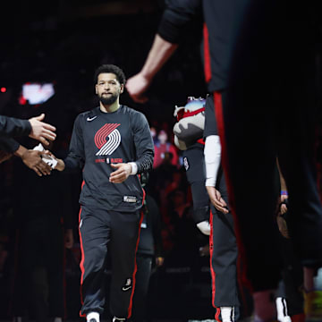 Mar 31, 2023; Portland, Oregon, USA; Portland Trail Blazers guard Skylar Mays (8) is introduced as part of the starting lineup before the game against the Sacramento Kings at Moda Center. Mandatory Credit: Soobum Im-Imagn Images