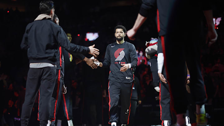 Mar 31, 2023; Portland, Oregon, USA; Portland Trail Blazers guard Skylar Mays (8) is introduced as part of the starting lineup before the game against the Sacramento Kings at Moda Center. Mandatory Credit: Soobum Im-Imagn Images