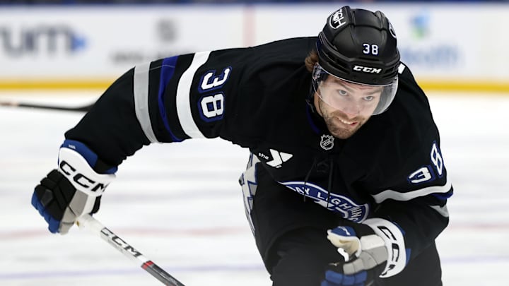 Tampa Bay Lightning left wing Brandon Hagel skates against the New York Islanders.
