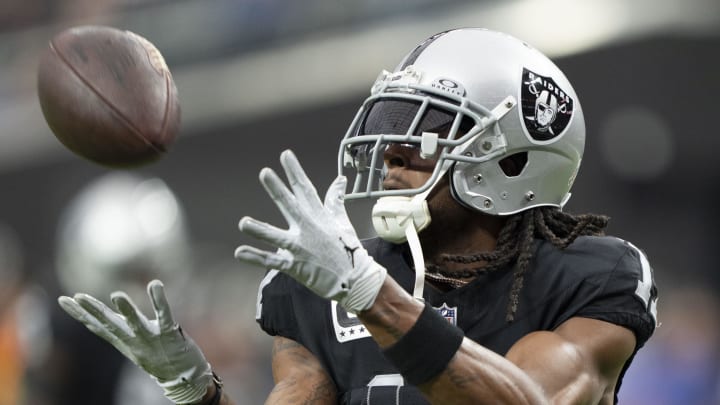 November 5, 2023; Paradise, Nevada, USA; Las Vegas Raiders wide receiver Davante Adams (17) warms up before the game against the New York Giants at Allegiant Stadium. Mandatory Credit: Kyle Terada-USA TODAY Sports