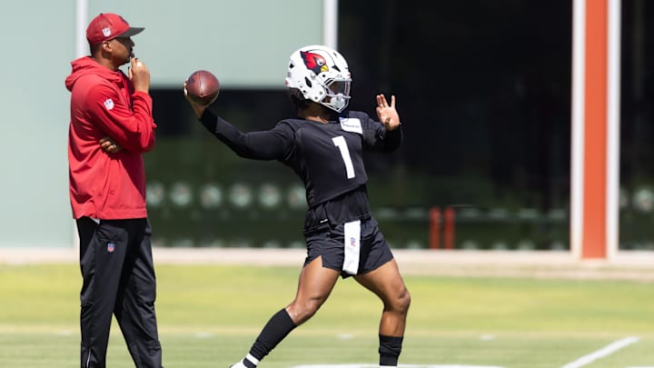Jun 10, 2025; Tempe, AZ, USA; Arizona Cardinals quarterback Kyler Murray (1) during minicamp at the teams Arizona Cardinals Training Facility. Mandatory Credit: Mark J. Rebilas-Imagn Images