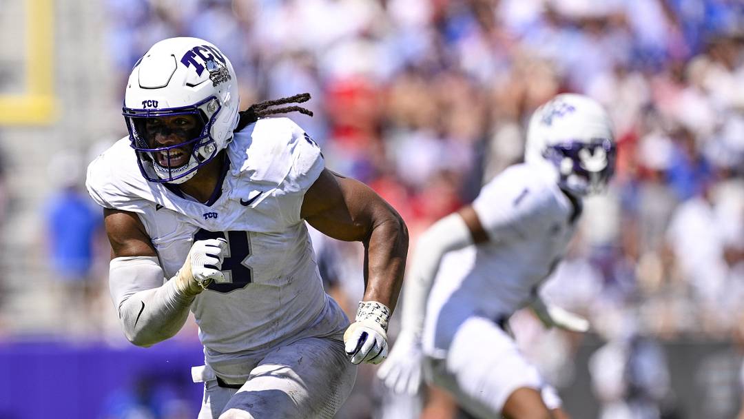 Sep 20, 2025; Fort Worth, Texas, USA; TCU Horned Frogs linebacker Kaleb Elarms-Orr (3) rushes the line during the game between the TCU Horned Frogs and the SMU Mustangs at Amon G. Carter Stadium. Mandatory Credit: Jerome Miron-Imagn Images