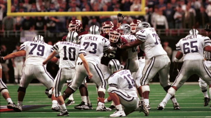 Kansas State kicker Martin Gramatica (10) kicks a field goal during game aciton at the Big 12 Championshop game against Texas A&M in St. Louis, Missouri on December 5, 1998.