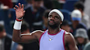 Frances Tiafoe waves to the crowd at the Shanghai Masters.