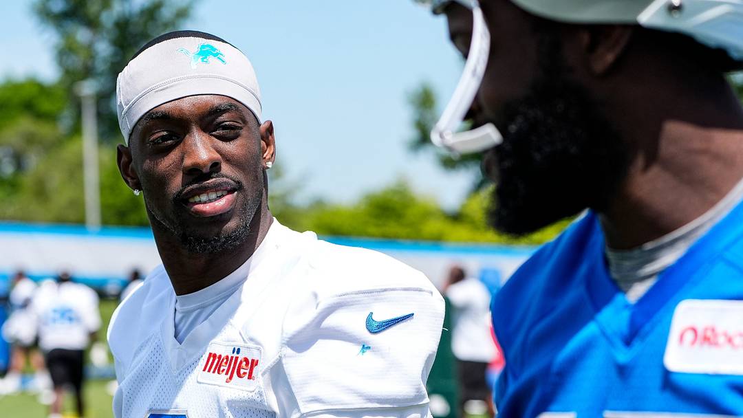 Former Detroit Lions cornerback Terrion Arnold, left, talks to wide receiver Malik Cunningham during OTAs at Meijer Performance Center in Allen Park on Thursday, June 4, 2026.